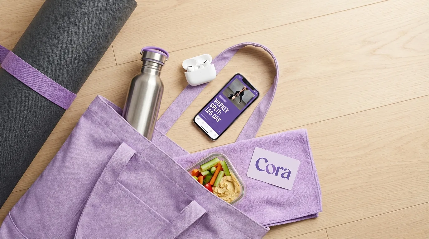 Cora lifestyle kit — purple gym bag with yoga mat, water bottle, phone showing workout plan, healthy snacks, and Cora card