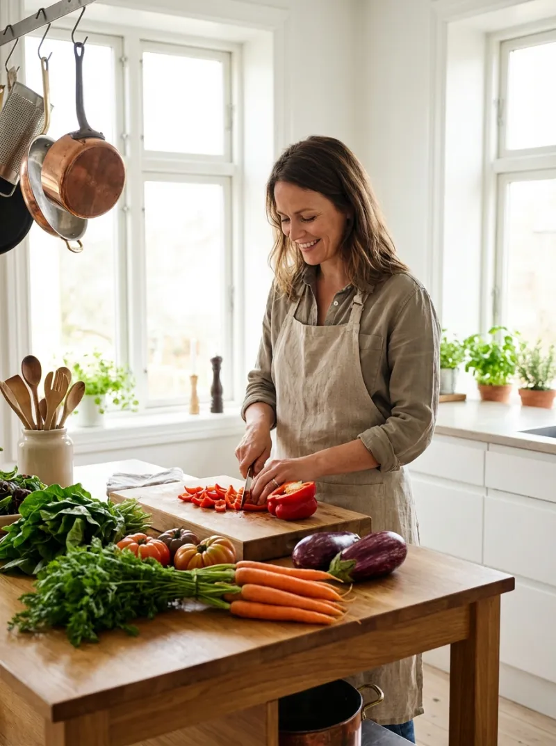Home cook preparing fresh vegetables in a bright kitchen