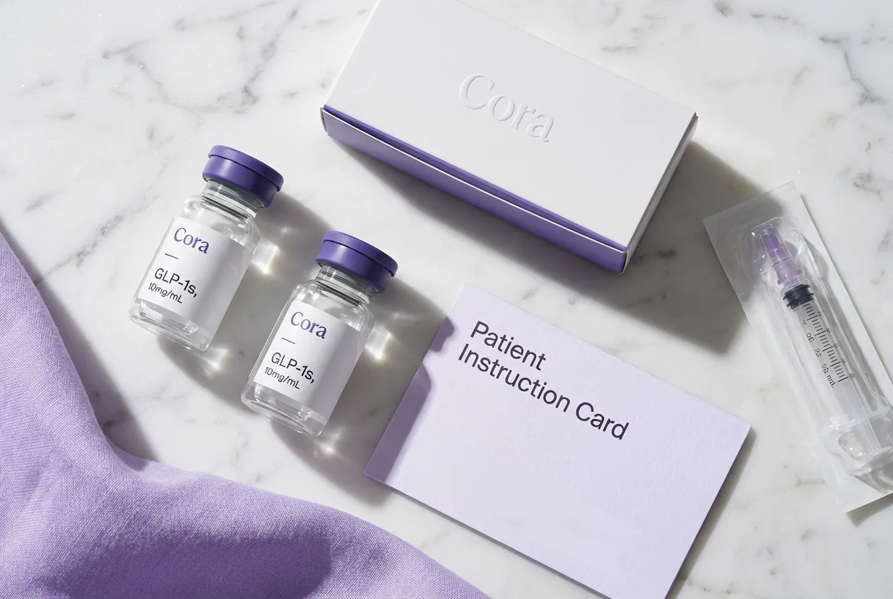 Cora Health product — GLP-1 vials, branded box, patient instruction card, and syringe